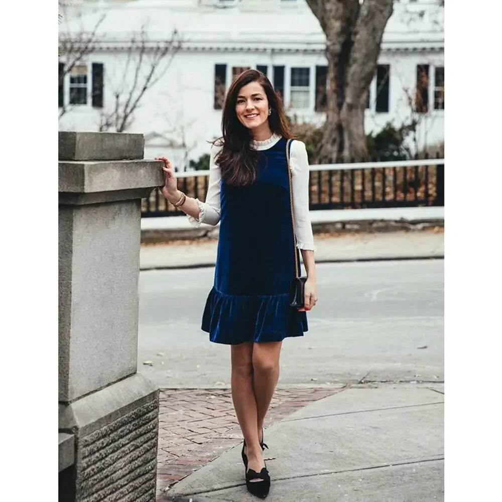 J. Crew Velvet Ruffle‎ Hem Dress Midnight Ink Blue Flounce Hem Cocktail Size 2